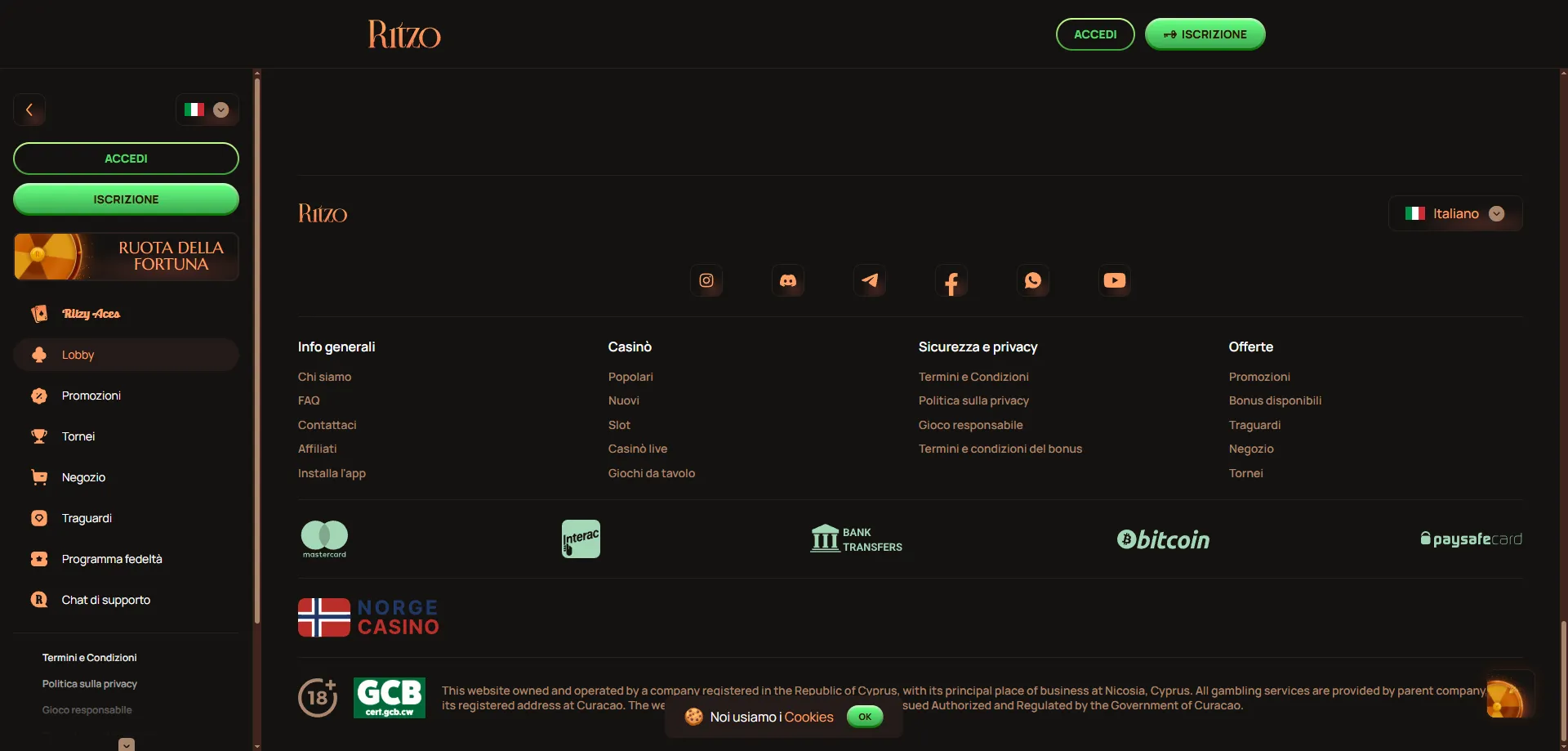 Ritzo Casino registrazione account nuovo giocatore italiano